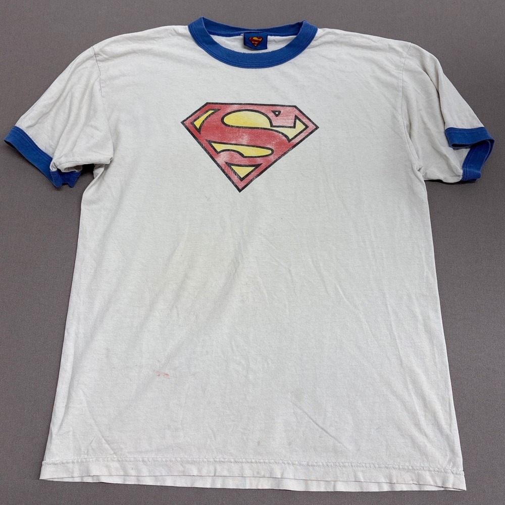 Vintage Superman Ringer T-Shirt Mens Large White Blue Shield Logo DC Comics Tee